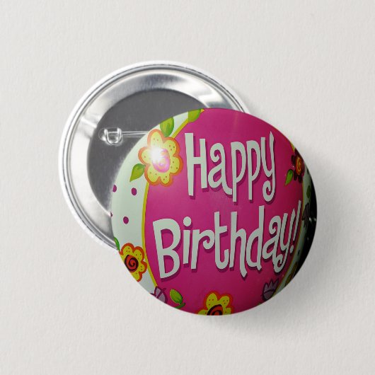 Badge Rond 5 Cm Joyeux Balloon d'Anniversaire avec Fleurs, Concept (Devant & derrière)