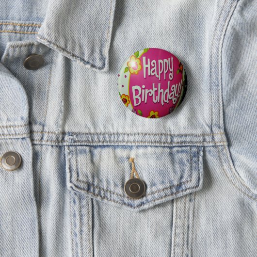 Badge Rond 5 Cm Joyeux Balloon d'Anniversaire avec Fleurs, Concept (En situation)