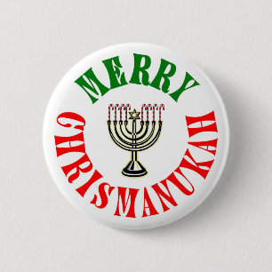 Badge Rond 5 Cm Joyeux Chrismanouka- Menorah de Noël Chanukah