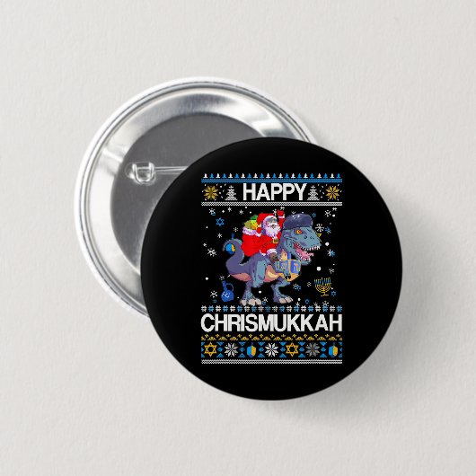 Badge Rond 5 Cm Joyeux Christmukkah Père Noël Riding Dinasour Happ (Devant & derrière)