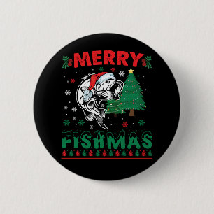 Badge Rond 5 Cm Joyeux Fishmas Poisson Pêche Papa Pêcheur Noël