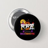 Badge Rond 5 Cm Joyeux Hallothanksmas Dents Halloween Thanksgiving (Devant & derrière)