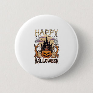 Badge Rond 5 Cm Joyeux Halloween Citrouille Sorcière Chapeau Châte