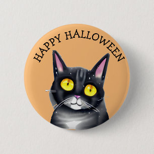 Badge Rond 5 Cm Joyeux Halloween Cute Chat Noir Yellow Eyes