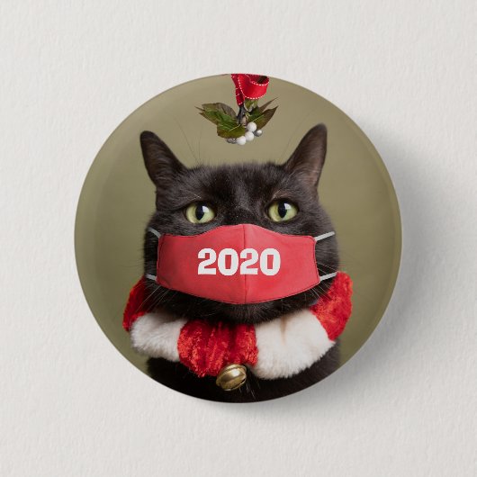 Badge Rond 5 Cm Joyeux Noël 2020 Chat en Masque Visage Covid (Devant)