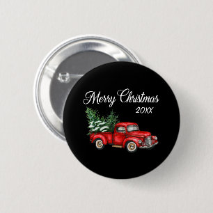 Badge Rond 5 Cm Joyeux Noël Arbre Date Vintage Camion Rouge Noir