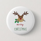 Badge Rond 5 Cm Joyeux Noël mignonne Reindeer Mistletoe Rouge Vert (Devant)