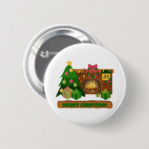 Badge Rond 5 Cm Joyeux Noël près de la cheminée bonfire xmas arbre