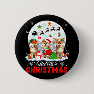 Badge Rond 5 Cm Joyeux Noël trois Père Noël Elf Reindeer Shiba Inu