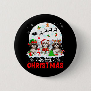 Badge Rond 5 Cm Joyeux Noël Trois Père Noël Elf Reindeer Shih Tzus