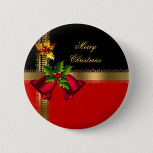 Badge Rond 5 Cm Joyeux Noël Vacances Red Bells Black Gold