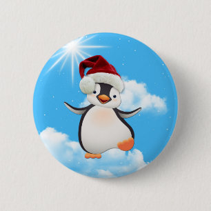 Badge Rond 5 Cm Joyeux pingouins volants et Père Noël-casquette