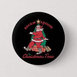 Badge Rond 5 Cm Joyeux Santa dansant autour du sapin de Noël