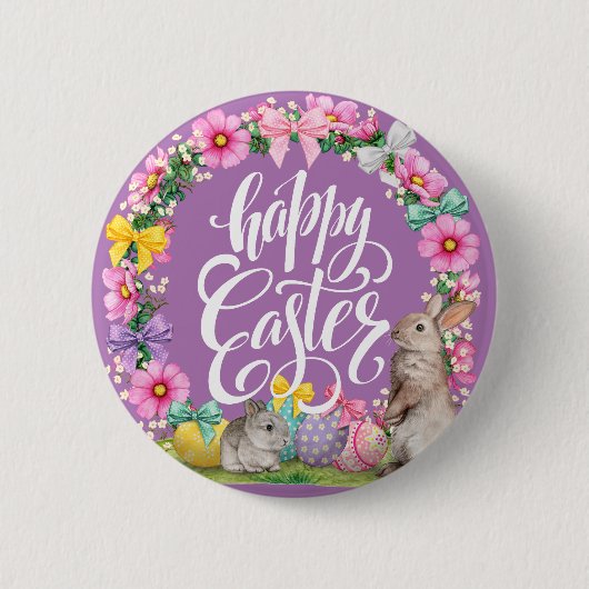 Badge Rond 5 Cm Joyeux Script de Pâques lavande florale Lapin de P (Devant)