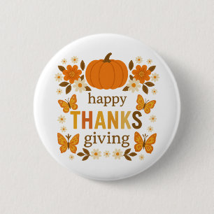 Badge Rond 5 Cm Joyeux Thanksgiving Boho Floral Citrouille Papillo