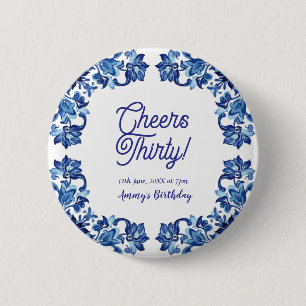 Badge Rond 5 Cm Joyeux trentième anniversaire royal bleu floral bo
