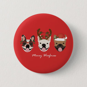 Badge Rond 5 Cm Joyeux Woofmas Têtes de Bouledogues Français de No