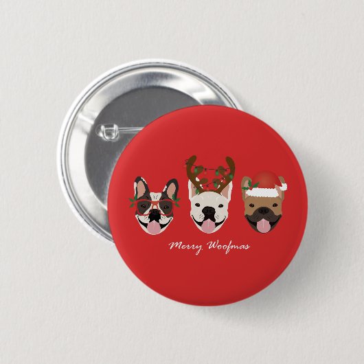 Badge Rond 5 Cm Joyeux Woofmas Têtes de Bouledogues Français de No (Devant & derrière)