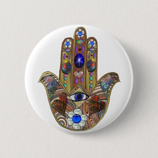 Badge Rond 5 Cm Judaica Hamsa Coeurs Fleurs Opal Art Imprimer (Devant)