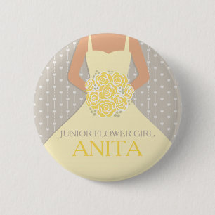 Badge Rond 5 Cm Junior fille de fleur robe jaune nom pin mariage