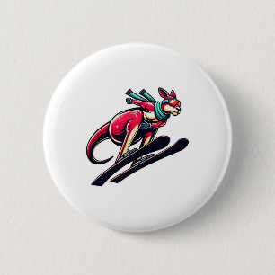 Badge Rond 5 Cm Kangourou skieur sur pente enneigée avec lunettes
