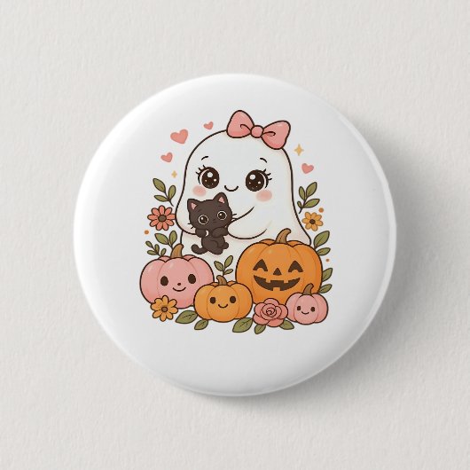 Badge Rond 5 Cm Kawaii Ghost Halloween Chat noir Citrouille Chat c (Devant)
