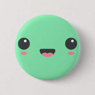 Badge Rond 5 Cm Kawaii, joli visage heureux, vert menthe