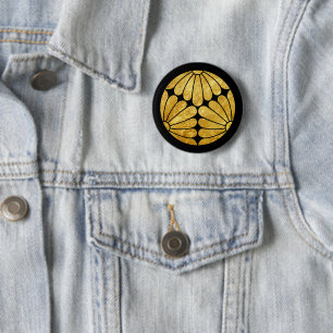 Badge Rond 5 Cm Kiku Chrysanthemum Mon or noir
