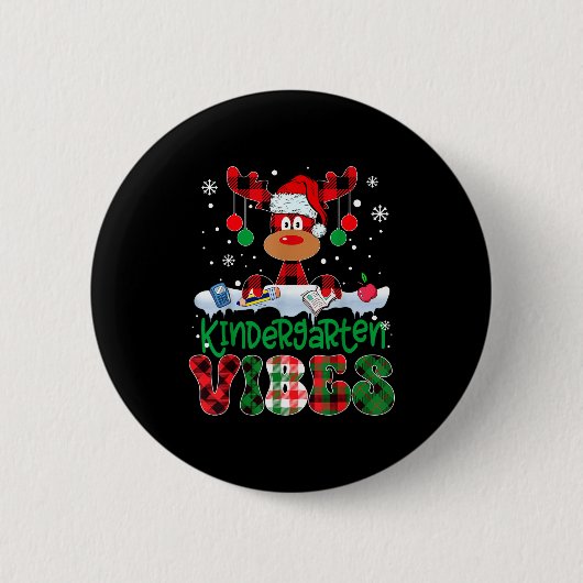 Badge Rond 5 Cm Kindergarten Vibes Teacher Buffalo Plaid Reindeer  (Devant)