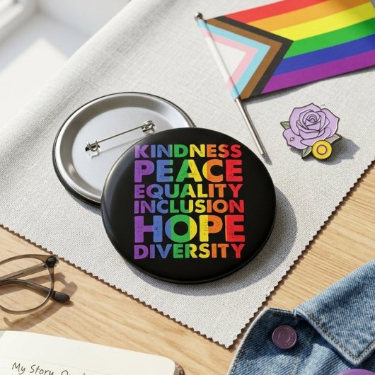 Badge Rond 5 Cm Kindness Peace Equality Love Inclusion Hope LGBT