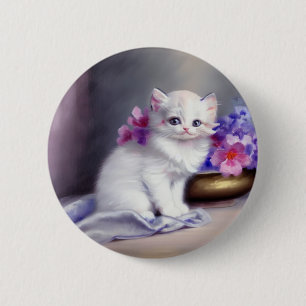 Badge Rond 5 Cm Kitten blanc vintage aux fleurs roses et violettes