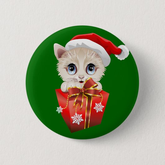 Badge Rond 5 Cm Kitten Noël Père Noël avec cadeau (Devant)