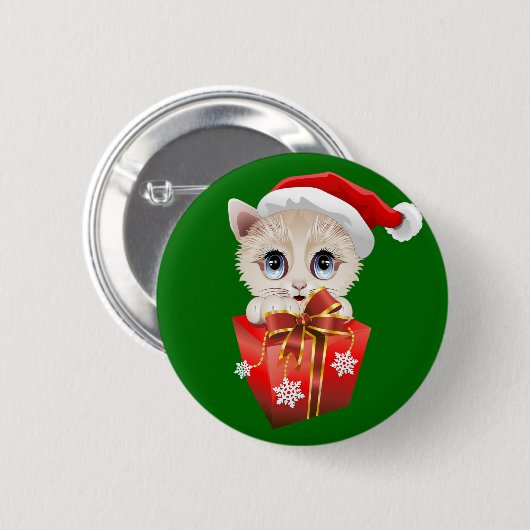 Badge Rond 5 Cm Kitten Noël Père Noël avec cadeau (Devant & derrière)