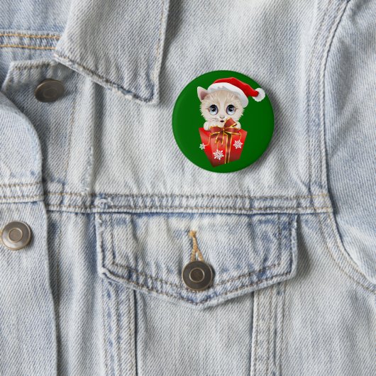 Badge Rond 5 Cm Kitten Noël Père Noël avec cadeau (En situation)