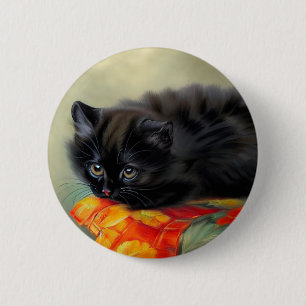 Badge Rond 5 Cm Kitten noir vintage avec couverture de fleurs roug