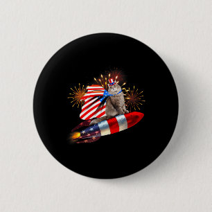 Badge Rond 5 Cm Kitty Cat 4 juillet Fusée avec Feux d'Artifice Usa