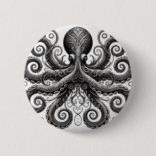 Badge Rond 5 Cm Kraken Steampunk Octopus Ornate Black