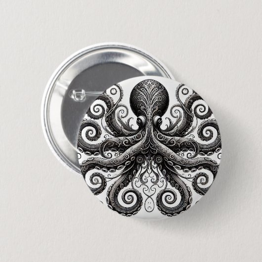 Badge Rond 5 Cm Kraken Steampunk Octopus Ornate Black (Devant & derrière)