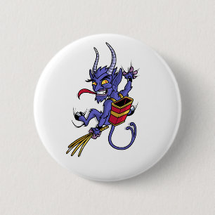 Badge Rond 5 Cm Krampus arrive à Noël caricature illu personnage