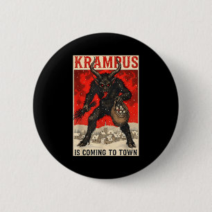 Badge Rond 5 Cm Krampus arrive en ville Noël Horreur Fêtes