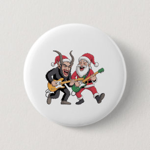 Badge Rond 5 Cm Krampus et Santa Jouant de la Guitare Électrique X