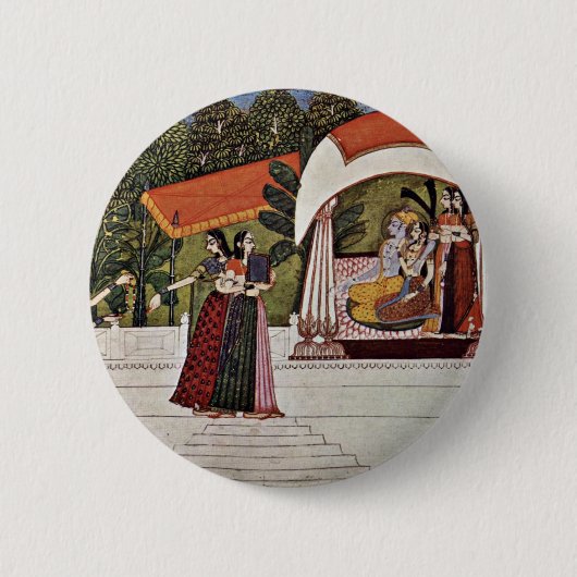 Badge Rond 5 Cm Krishna et Radha dans un pavillon par Nihâl Chand (Devant)