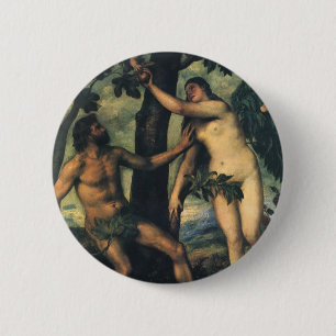 Badge Rond 5 Cm La Chute de l'Homme ; Adam et Ève par Titien