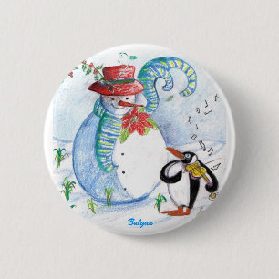 BADGE ROND 5 CM LA SÉRÉNADE HIVERNALE DE SNOWMAN ET PENGUIN