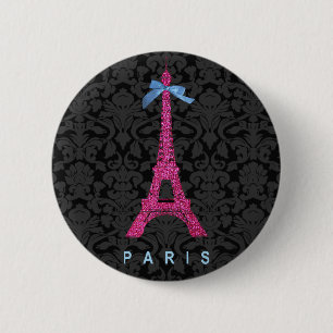Badge Rond 5 Cm La tour Eiffel rose-chaud en faux parties scintill