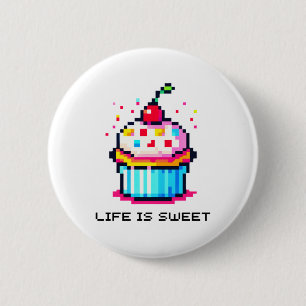Badge Rond 5 Cm La vie est douce - Jolie Pixel Art Cupcake Design