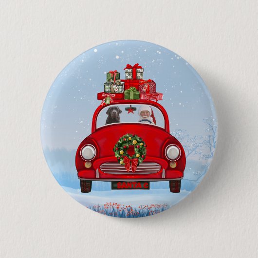 Badge Rond 5 Cm Labrador Chien En Voiture Avec Le Père Noël (Devant)