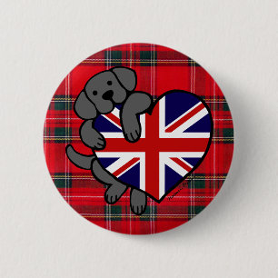 Badge Rond 5 Cm Labrador noir et tartan de bande dessinée du coeur