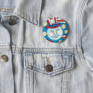 BADGE ROND 5 CM L'AMÉRICANA FOLK ART PATRIOTIQUE HOMME DANS LA LUN