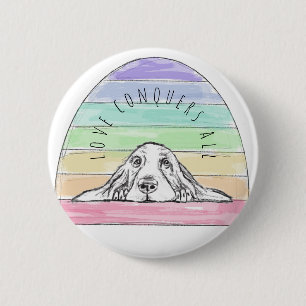 Badge Rond 5 Cm l'amour conquiert tout chien arc-en-ciel basset ho